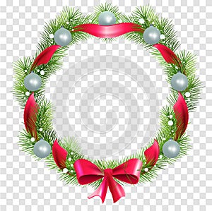 Christmas wreath of fir branches with balls and red ribbon to decorate door