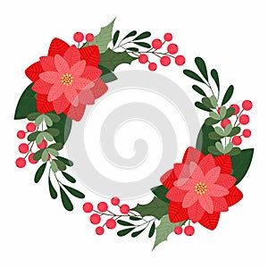 Christmas wreath in flat style. Flower arrangement for the holiday. Christmas flowers.