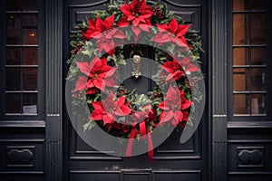 Christmas wreath on the front door with red flowers