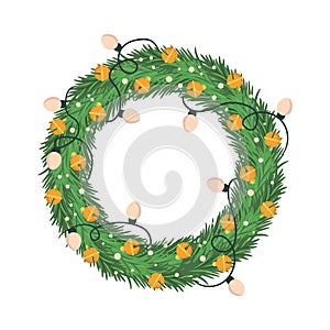 Christmas Wreath with Garland and Bells Isolated on White Background. Traditional Xmas Decor of Spruce Branches