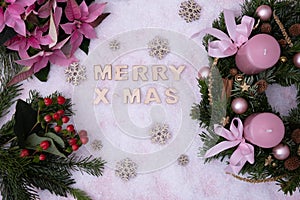 Christmas wreath, gift, flowers, and the words