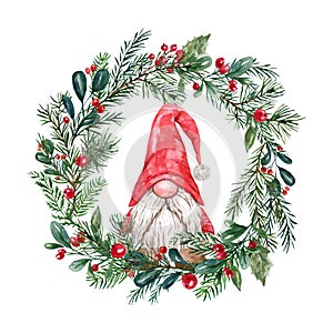 Christmas wreath and gnome illustration. Winter frame photo