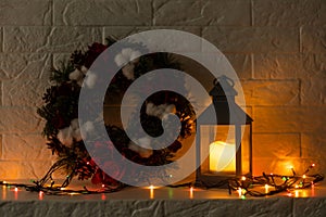 Christmas wreath with golden lights decoration