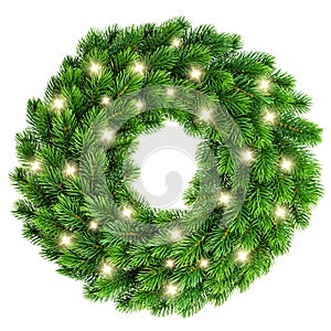 Christmas wreath with golden lights decoration isolated on white