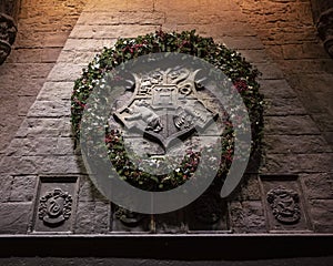 Christmas Wreath in The Great Hall of Hogwarts, at Leavesden Studios, UK