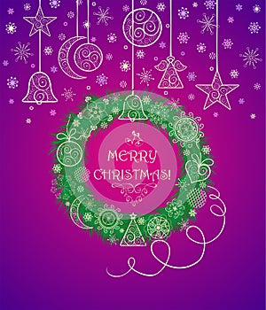 Christmas wreath with green conifer branches and lacy golden decoration on violet background