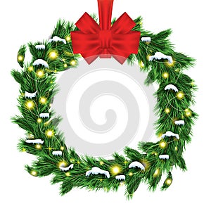 Christmas Wreath with Green Fir Branch and Red Bow Isolated on W