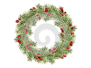 Christmas wreath of green fir branches and red berries. Spruce new year decorative element. Watercolor xmas illustration