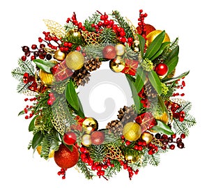 Christmas Wreath with Green Pine Tree Branches and Leaves Decorated with Red Balls, Golden Ornaments, Xmas Gifts, Cranberries over
