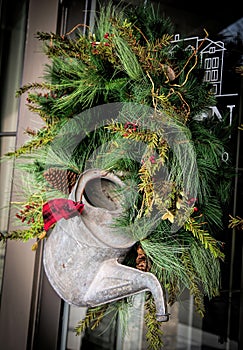 Christmas Wreath of Greens and Old Watering Can