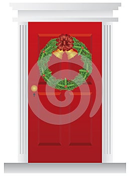 Christmas Wreath Hanging on Red Door Illustration