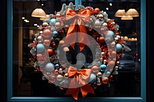 Christmas wreath hanging in window