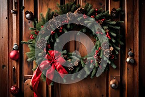 A Christmas wreath hanging on a wooden door, adorned with red ribbons and pinecones