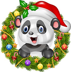 Christmas wreath with happy panda bear