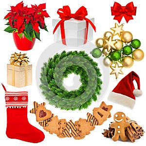 Christmas wreath, hat, sock, gift box, baubles, cookies