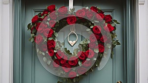 christmas wreath with heart A heart shaped wreath of red roses with green leaves and stems. The roses are fresh and fragrant,