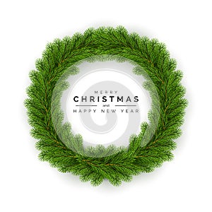 Christmas Wreath. Holiday Decoration Element on White Background. Traditional Pine Round Garland. Vector illustration