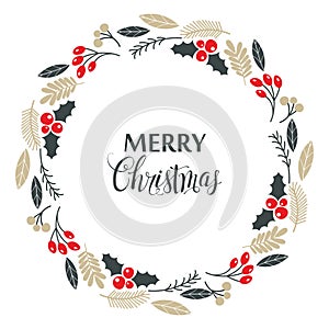 Christmas wreath, with holly berries, isolated on white background.