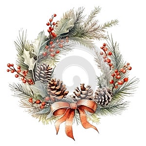 Christmas wreath with holly berries, pine and fir branches, cones, rowan berries, red bow