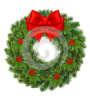 Christmas wreath with holly berry and red ribbon bow