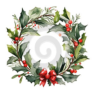 Christmas wreath with holly leaves, berries and red bow painted in watercolor