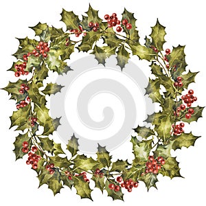 Christmas Wreath of holly and mistletoe sprigs with berries. Original watercolor painting.