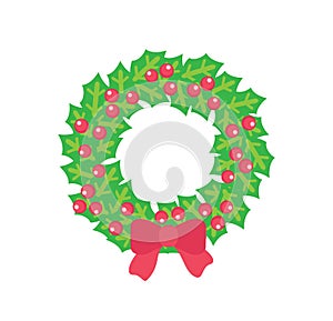 Christmas Wreath with Holly Red Berries and Bow