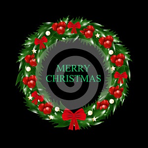 Christmas Wreath of holly with red berries decorated red bows and gold stars and bubbles isolated on black background. Vector