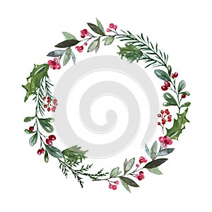 Christmas wreath illustration. Holiday festive graphics. Winter greenery, pine tree branches, foliage and red berries.