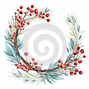 Christmas Wreath Illustration With Red Berries On White Background