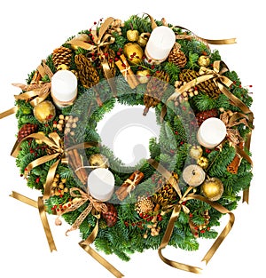 Christmas wreath isolated on white background, top view