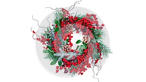 Christmas wreath isolated on white background top view. Traditional Merry christmas wreath with red berries, holly, pine cones,