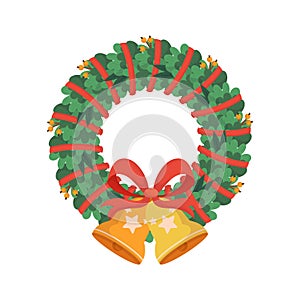 Christmas Wreath Isolated on White Background. Traditional Xmas Decor of Spruce Branches with Holiday Elements