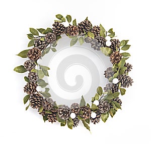Christmas wreath isolated on white in flatlay style