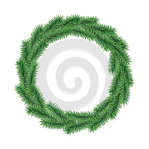 Christmas wreath made from branches of evergreen tree in form of circle isolated on white background.