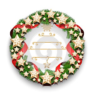 Christmas wreath made of Christmas fir branches, decorated with red satin ribbons and gold stars. Isolated on white background.