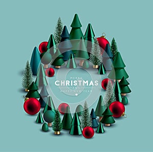 Christmas wreath made of Christmas trees and festive elements.