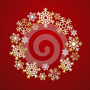 Christmas Wreath made of golden and white snowflakes. Elegant vector greeting card, poster, flyer. Creative ornament