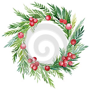 Christmas wreath made of leaves, red berries, holly on an isolated white background, watercolor drawing