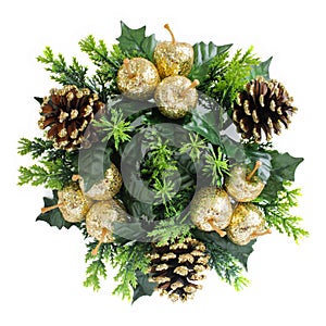 Christmas wreath made with natural pine cones, glitter, artificial golden apples and holly, isolated