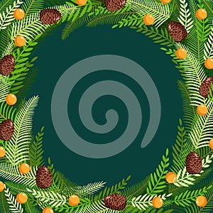 Christmas wreath made of natural pine, twigs, cones, garlands for postcards, posters, banners. Illustration of Merry
