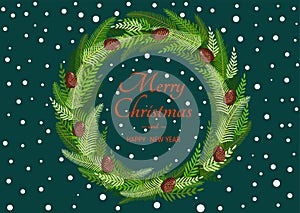 Christmas wreath made of natural pine, twigs, cones for postcards, posters, banners. Illustration of a Merry Christmas