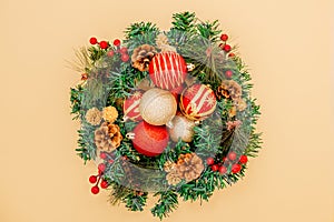 Christmas Wreath Made of Naturalistic Looking Pine Branches Decorated