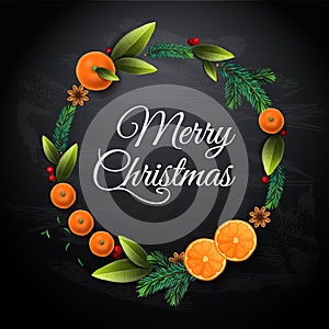 Christmas Wreath with mandarins, oranges fruits, fir tree branches, leaves. Invitation, party, card template, vector