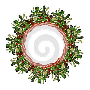 Christmas wreath with mistletoe and berries and cones