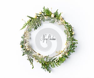 Christmas wreath with natural evegreen twigs. Flatlay. Copy space