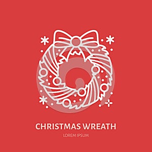 Christmas wreath, new year decoration flat line icon. Winter holidays vector illustration, sign for celebration party
