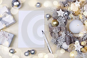 Christmas wreath, notebook and presents