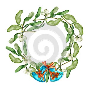 Christmas wreath with Omela, Holly, Mistletoe or Viscum and bells. Hand-drawn watercolor botanical illustration