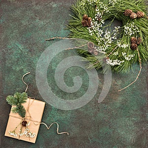 Christmas wreath pine cones wrapped gift